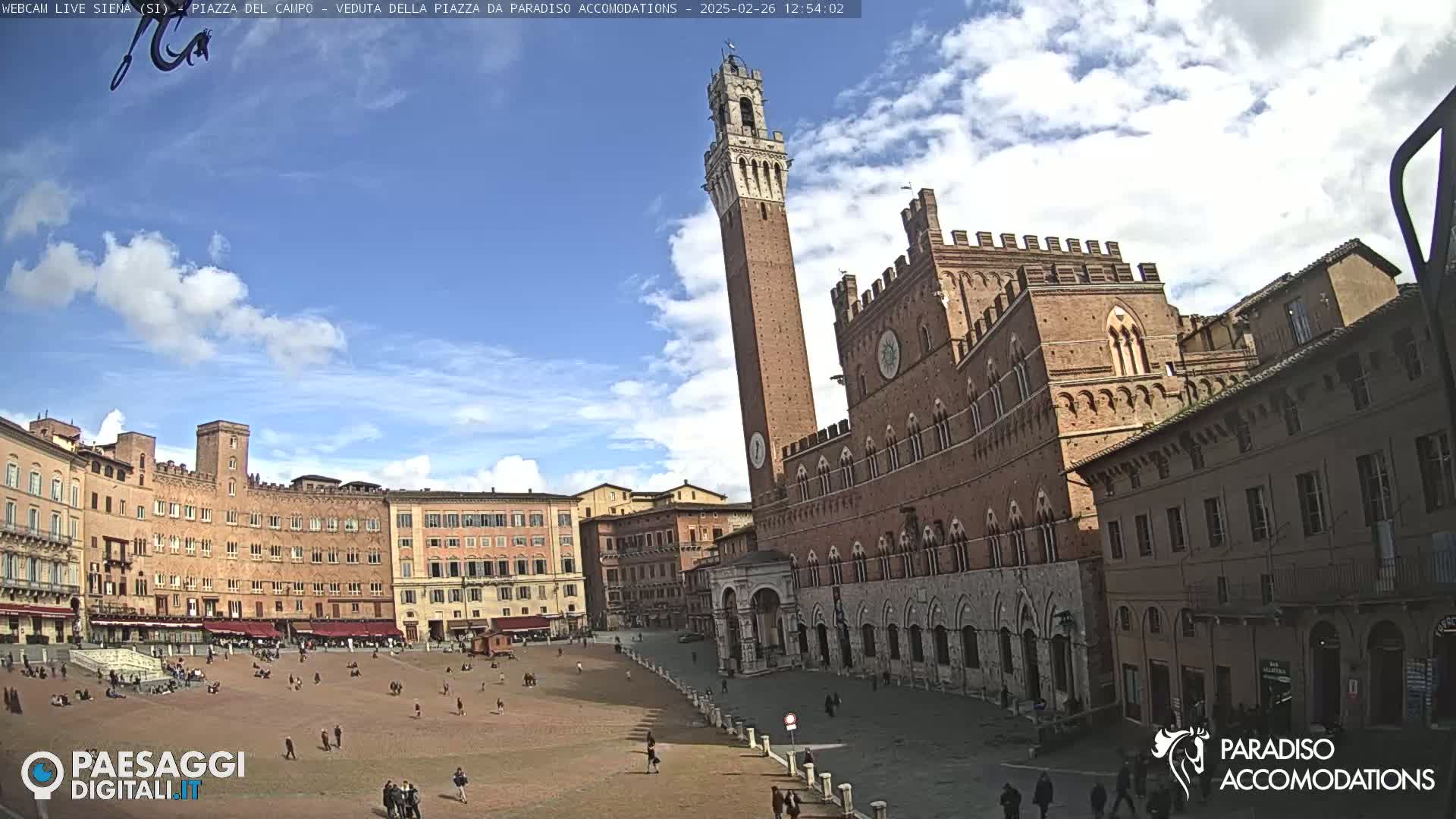 A large brick plaza in a city is partially filled with people, overlooked by medieval-style buildings, including a tall tower, under a mostly sunny sky with a few clouds.