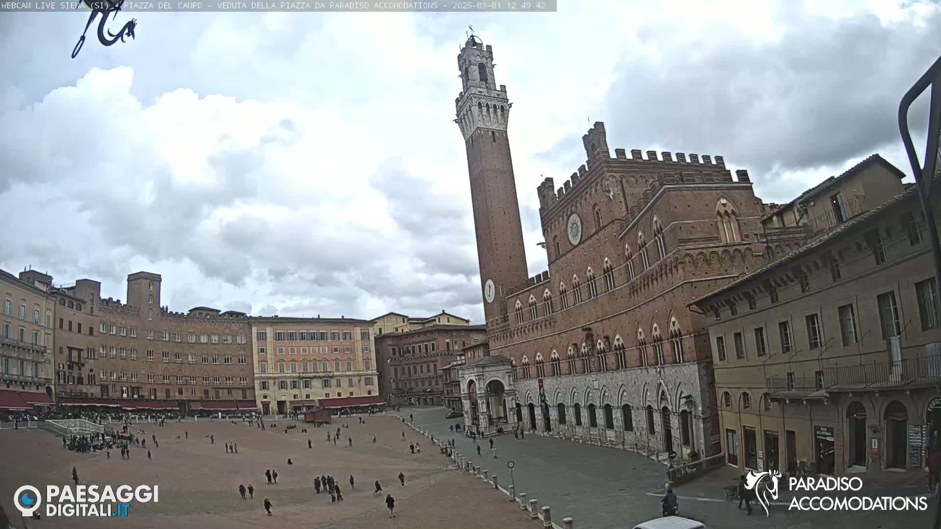 A large, mostly empty, brick plaza is surrounded by medieval-style buildings under a partly cloudy sky.