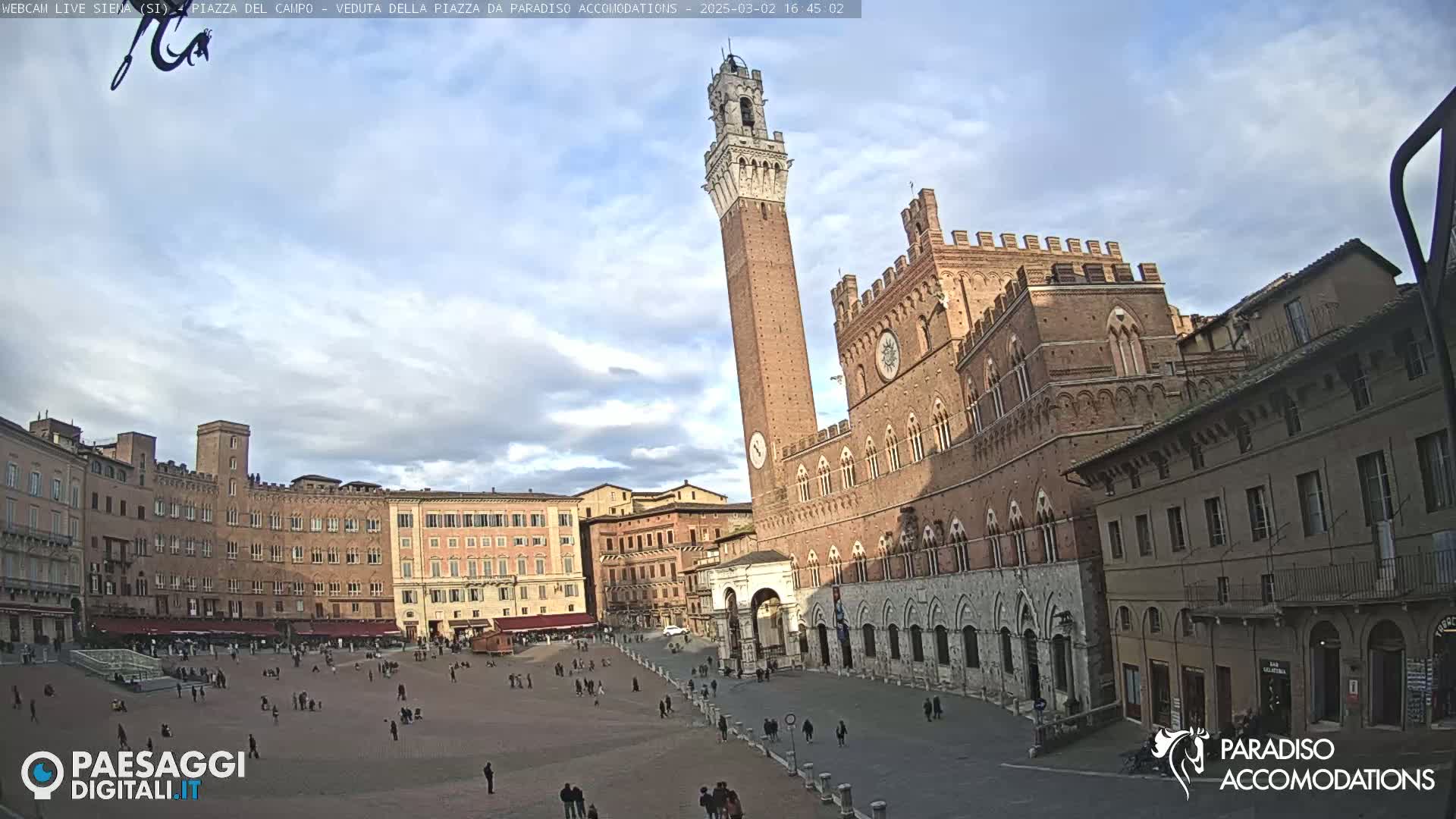 A large, brick piazza in Siena, Italy, under a partly cloudy sky, features a tall tower and several historic buildings surrounding a sparsely populated public square.
