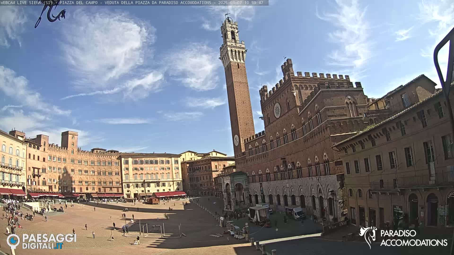 A large, mostly empty town square in Siena, Italy, is surrounded by medieval-style buildings under a partly cloudy sky.