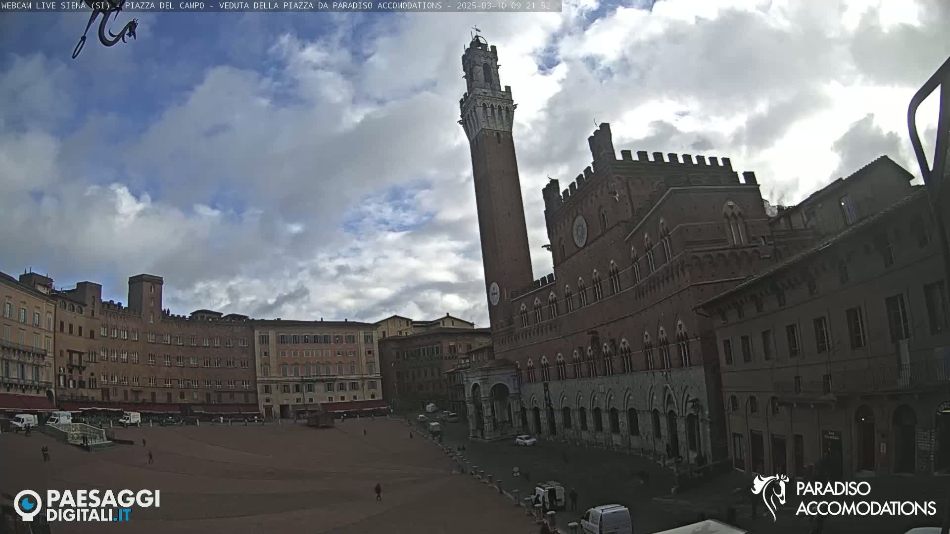 A large, brick piazza in Siena, Italy, is mostly empty under a partly cloudy sky.