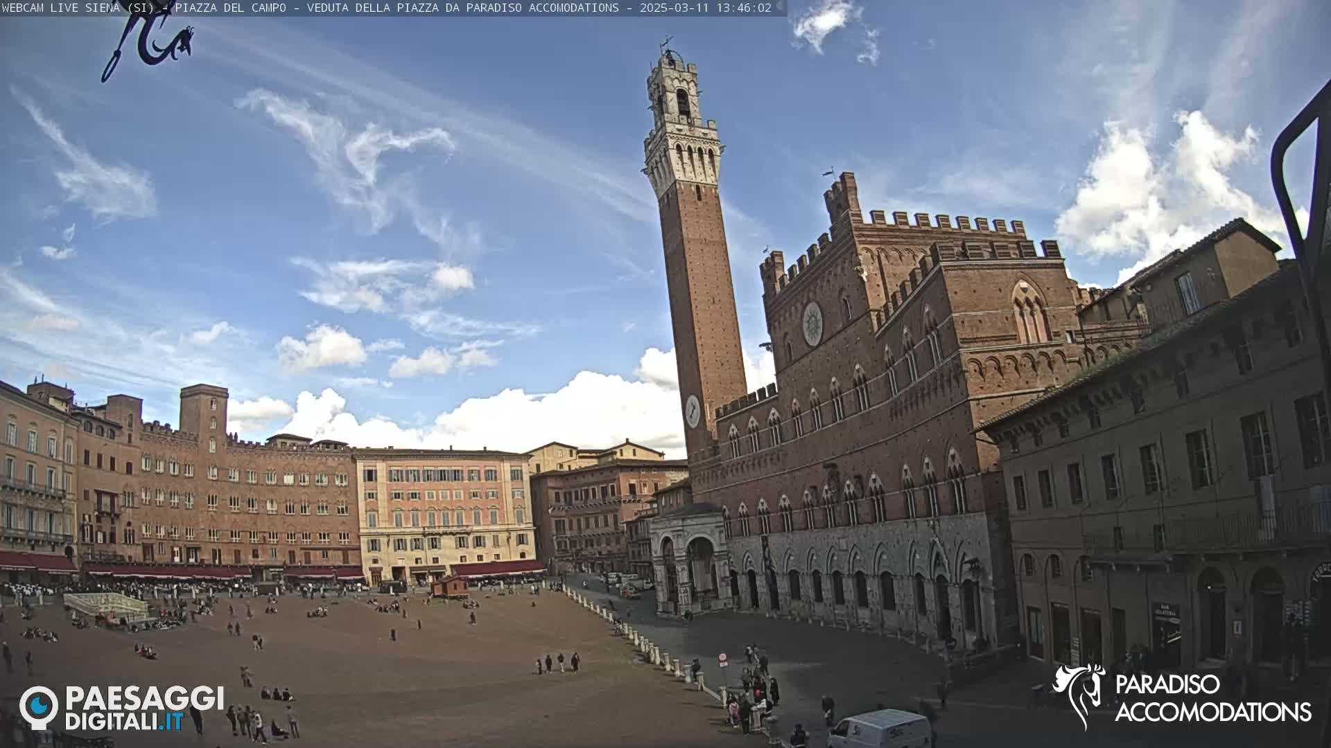 A large, brick piazza in Italy is partially sunny with scattered clouds, featuring a tall, slender tower and numerous historic buildings surrounding the open square.