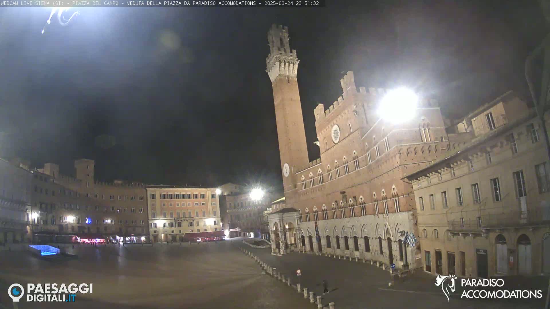 A large, empty plaza at night is surrounded by historic Italian buildings, including a tall brick tower.