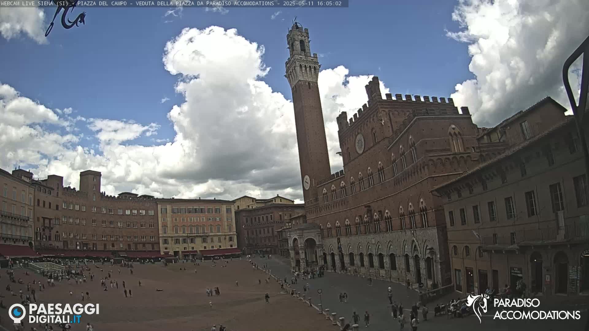 A large, brick public square in Siena, Italy, is partially filled with people under a partly cloudy sky.