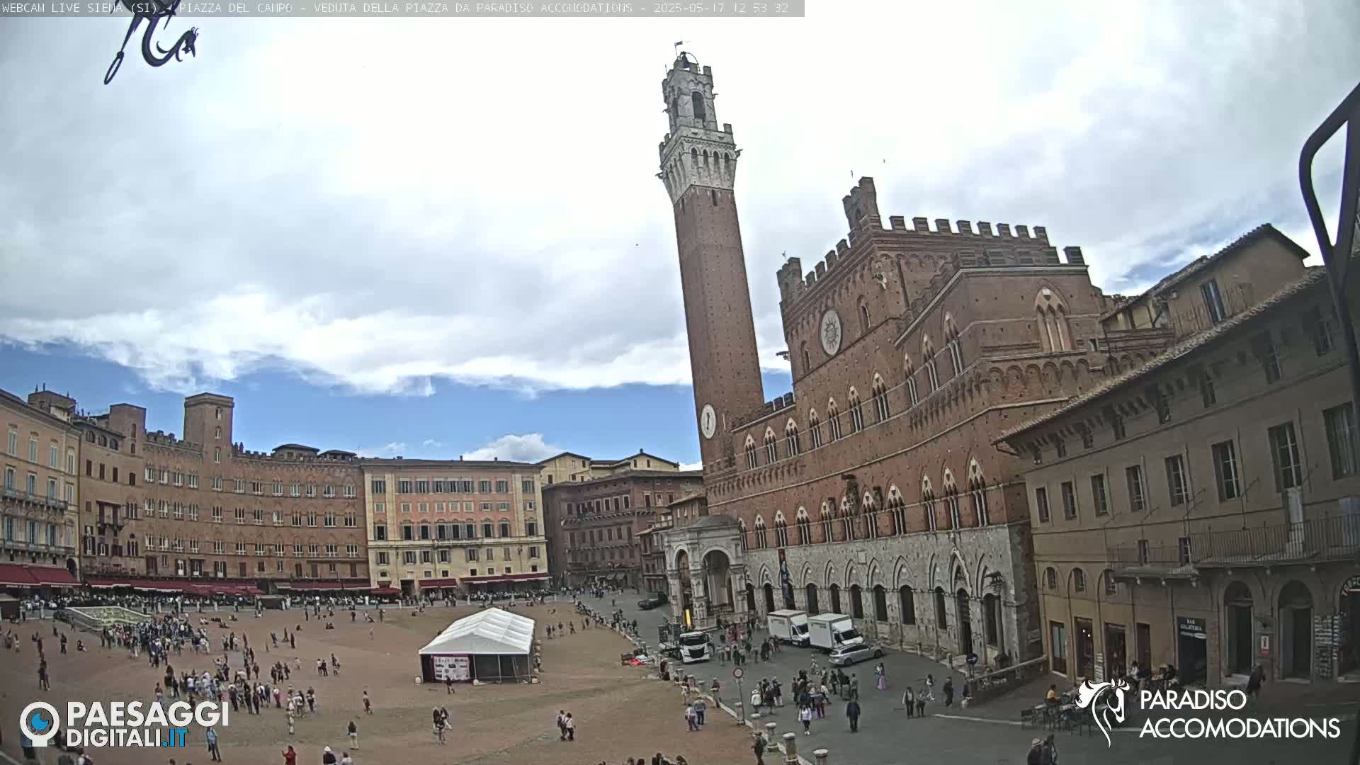 A partly cloudy day reveals a large, open square filled with people and buildings, featuring a prominent tall brick tower and palace.