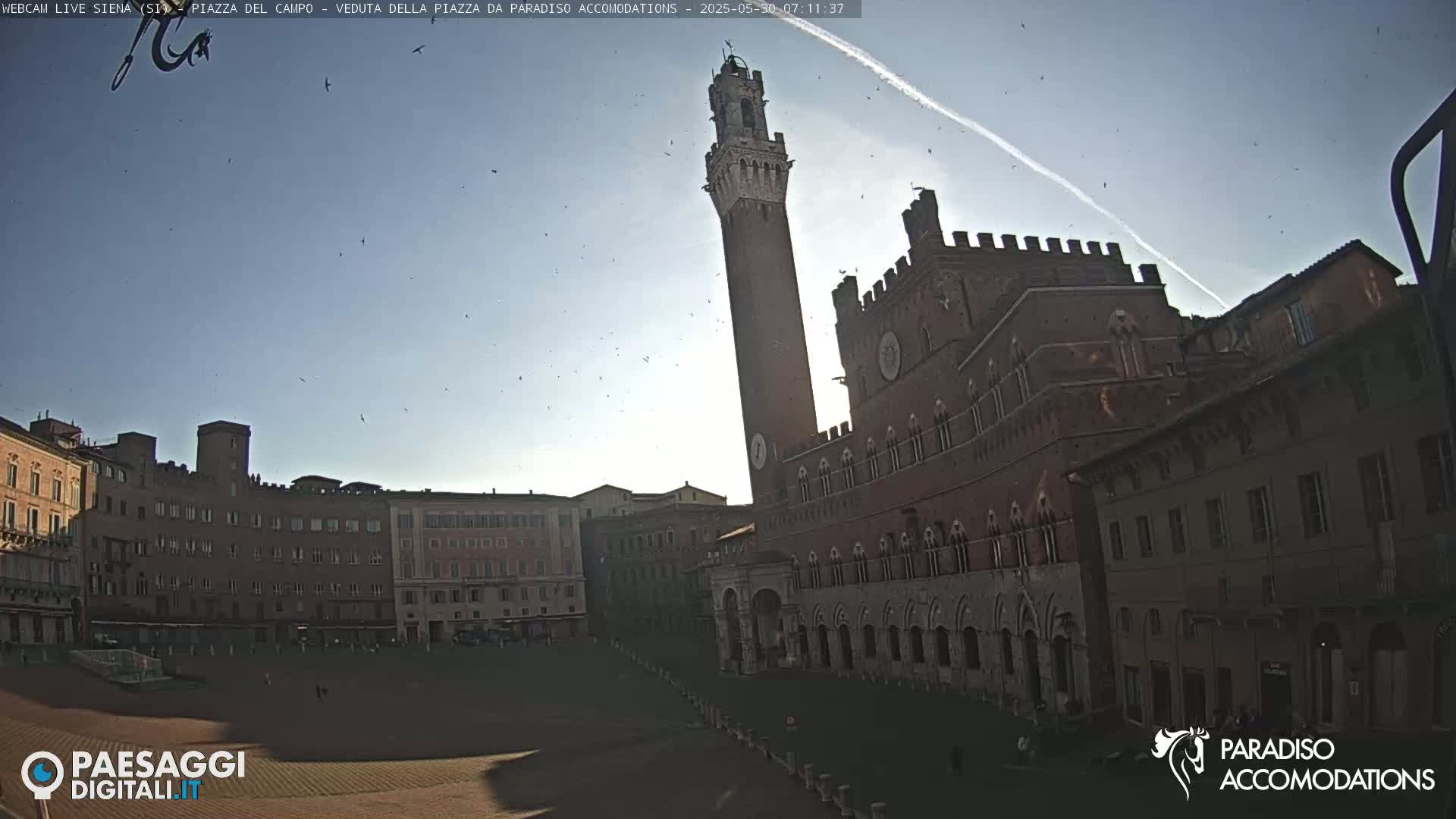 A large, mostly empty town square is surrounded by brick buildings, including a tall tower and a large palace, under a mostly clear, bright sky with some birds flying.