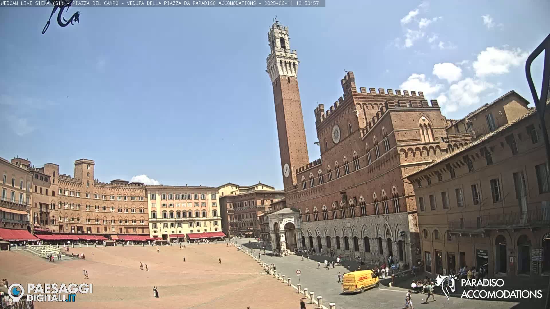 A large, mostly empty, brick plaza in bright sunlight is surrounded by historic buildings, including a tall tower and a large palazzo.