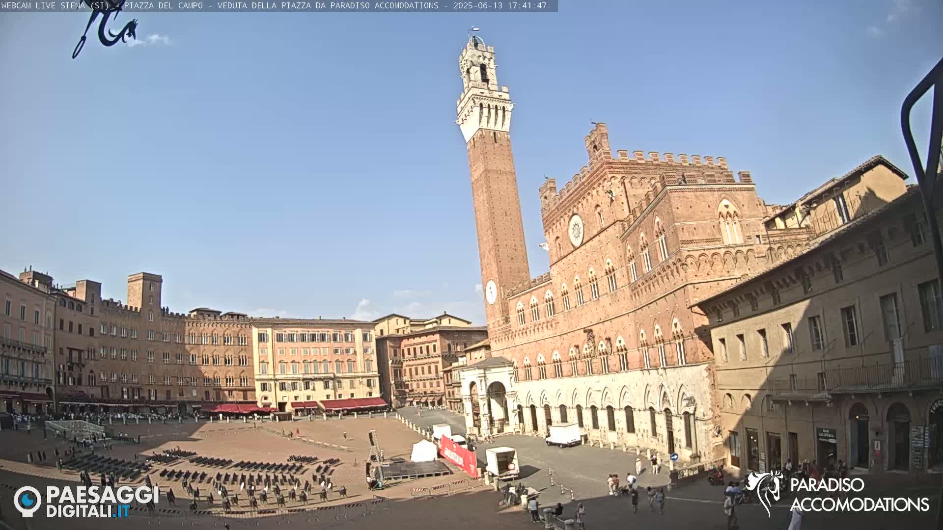 A large, mostly empty, brick plaza in Siena, Italy, is surrounded by medieval buildings under a clear blue sky.
