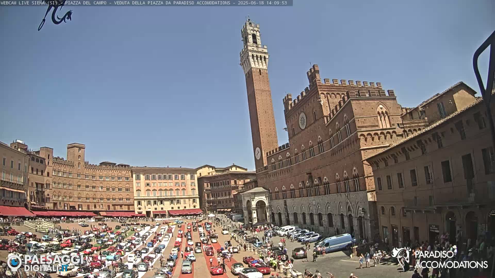 A large square filled with classic cars is surrounded by historic brick buildings under a clear blue sky.