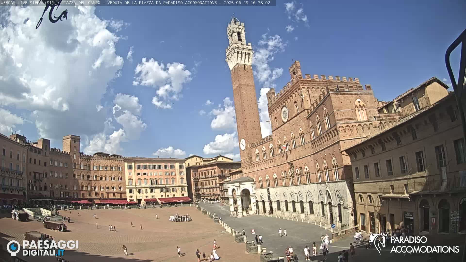 A large, brick public square in Italy is partially surrounded by medieval-style buildings under a partly cloudy sky.