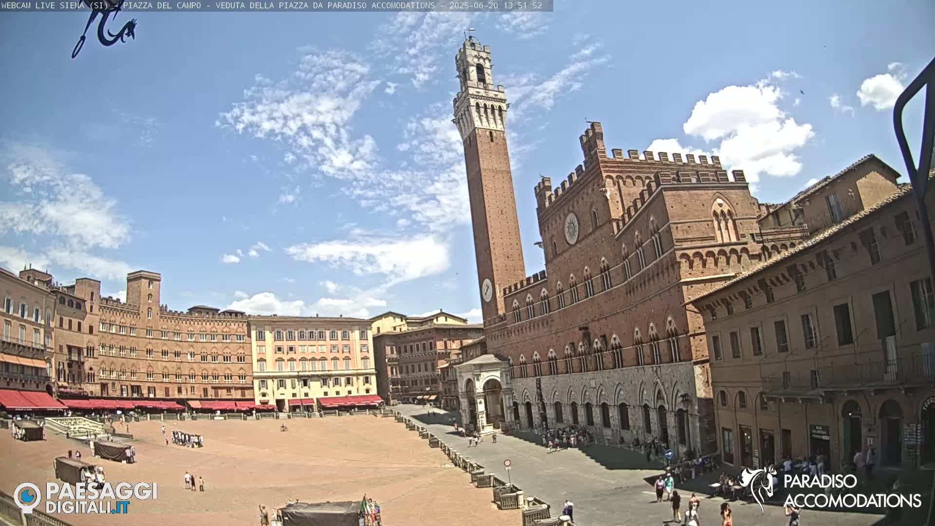 A large, brick plaza in Siena, Italy, is partly filled with people under a mostly sunny sky with some clouds.