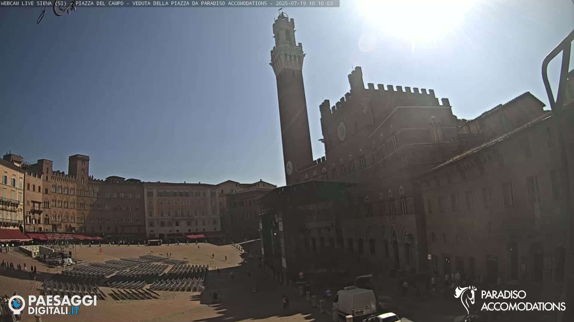 A sunny day reveals a large, mostly empty plaza surrounded by historic Italian buildings, including a tall tower and a large palace.