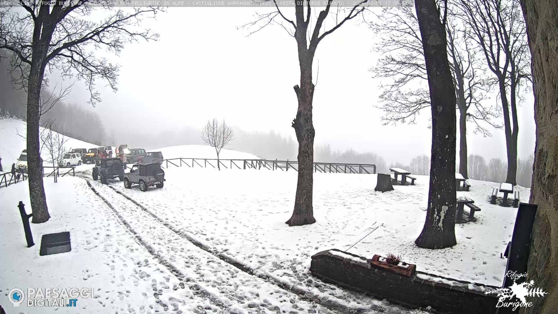 Several off-road vehicles are parked in a snow-covered area with picnic tables and bare trees under a foggy sky.