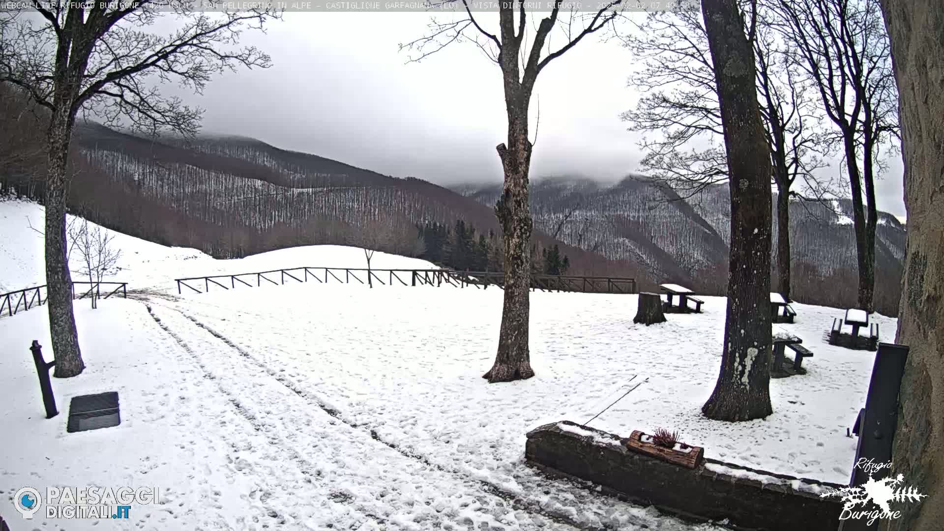 A snow-covered landscape with several picnic tables and trees, under an overcast sky, features a mountain range in the background.