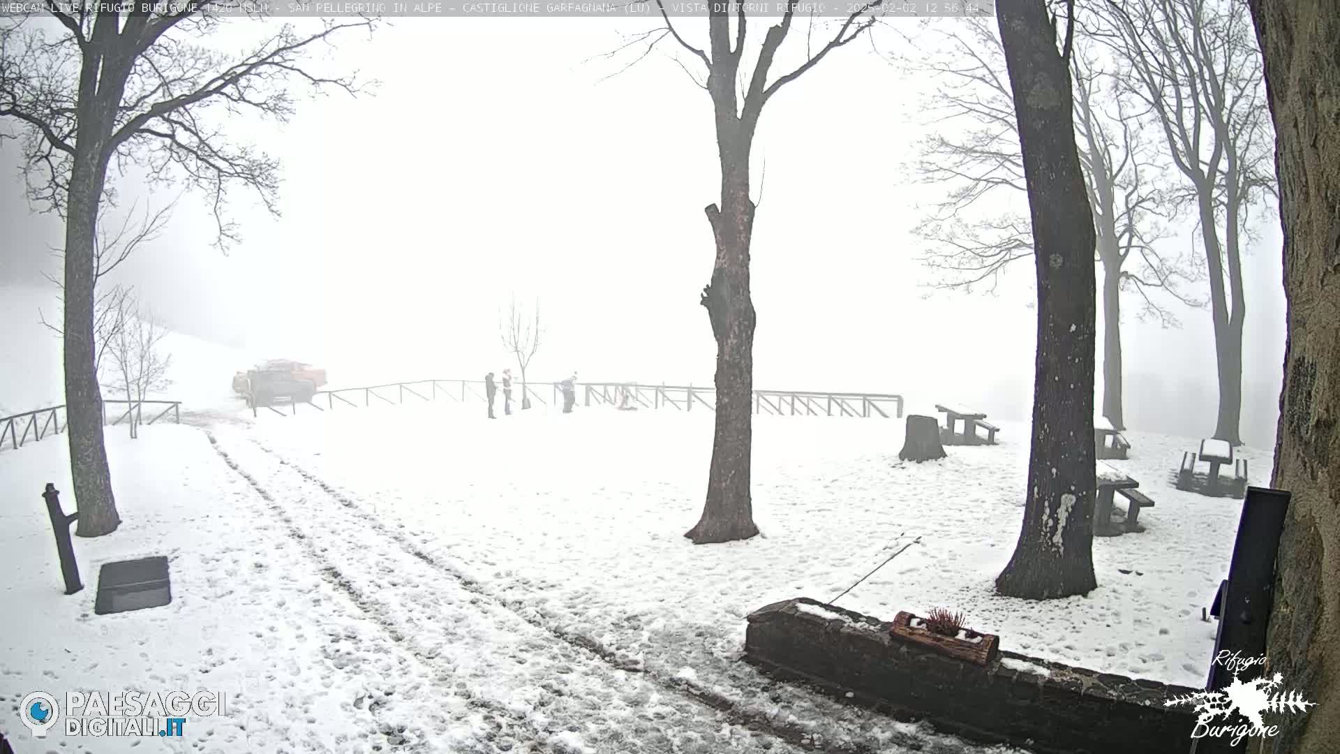 A snow-covered park with several picnic tables and bare trees in foggy conditions, a vehicle is visible in the distance, and a few people stand near a fence.