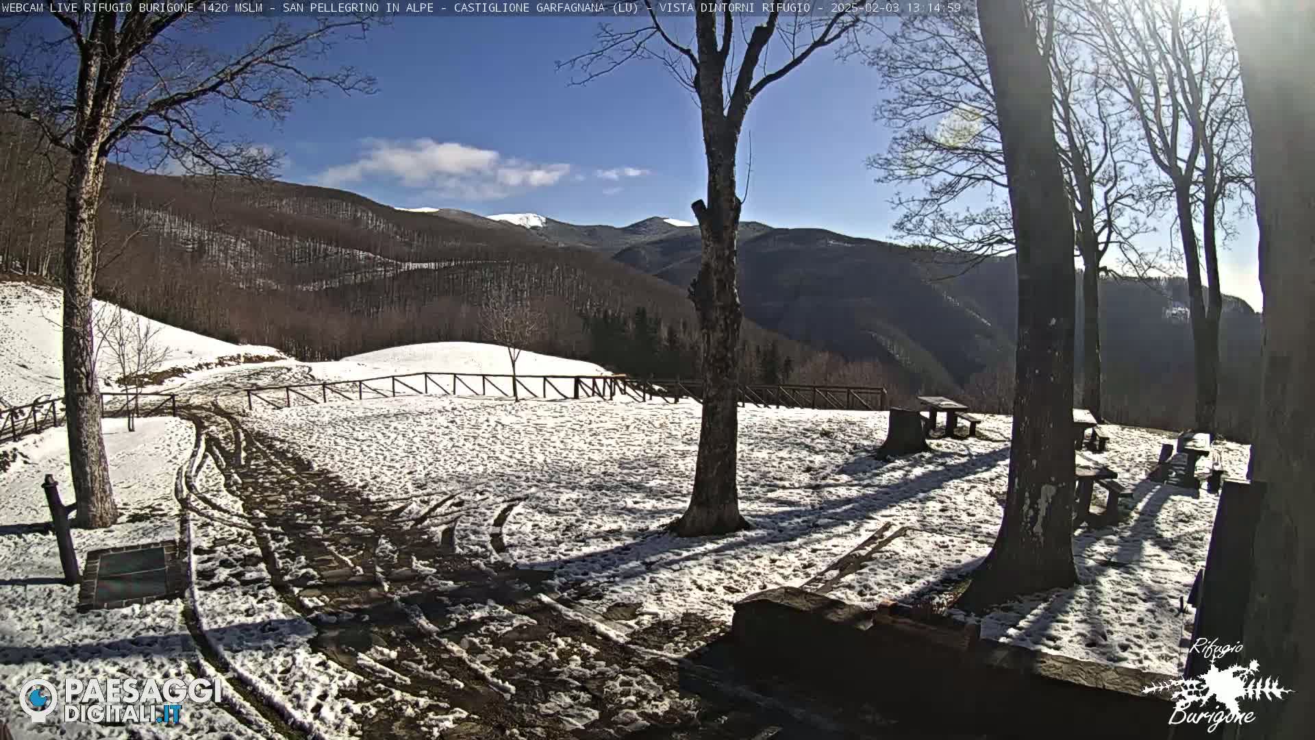 A snow-covered area with picnic tables and trees, under a mostly sunny sky, overlooks a mountain range partially covered in snow.