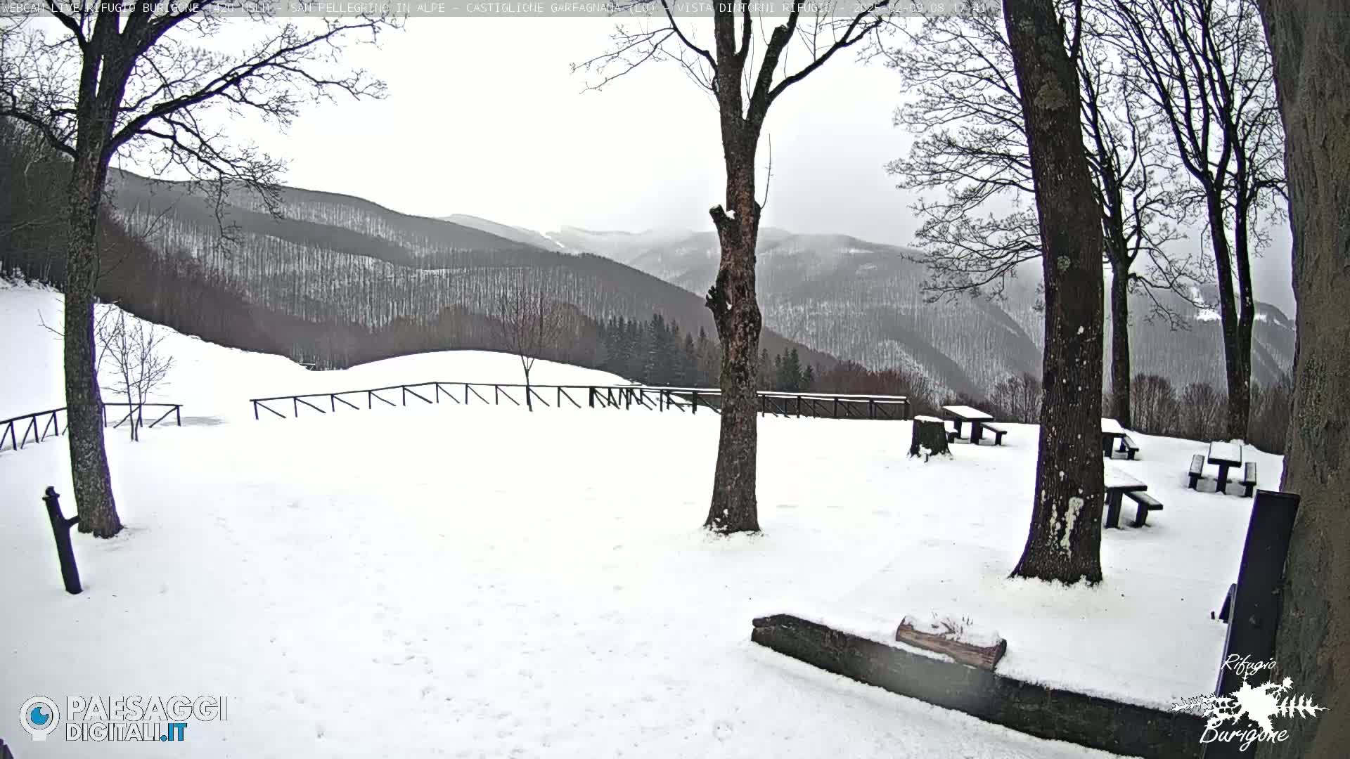 A snow-covered picnic area with several empty tables sits beneath bare trees overlooking a snow-dusted mountain range under an overcast sky.