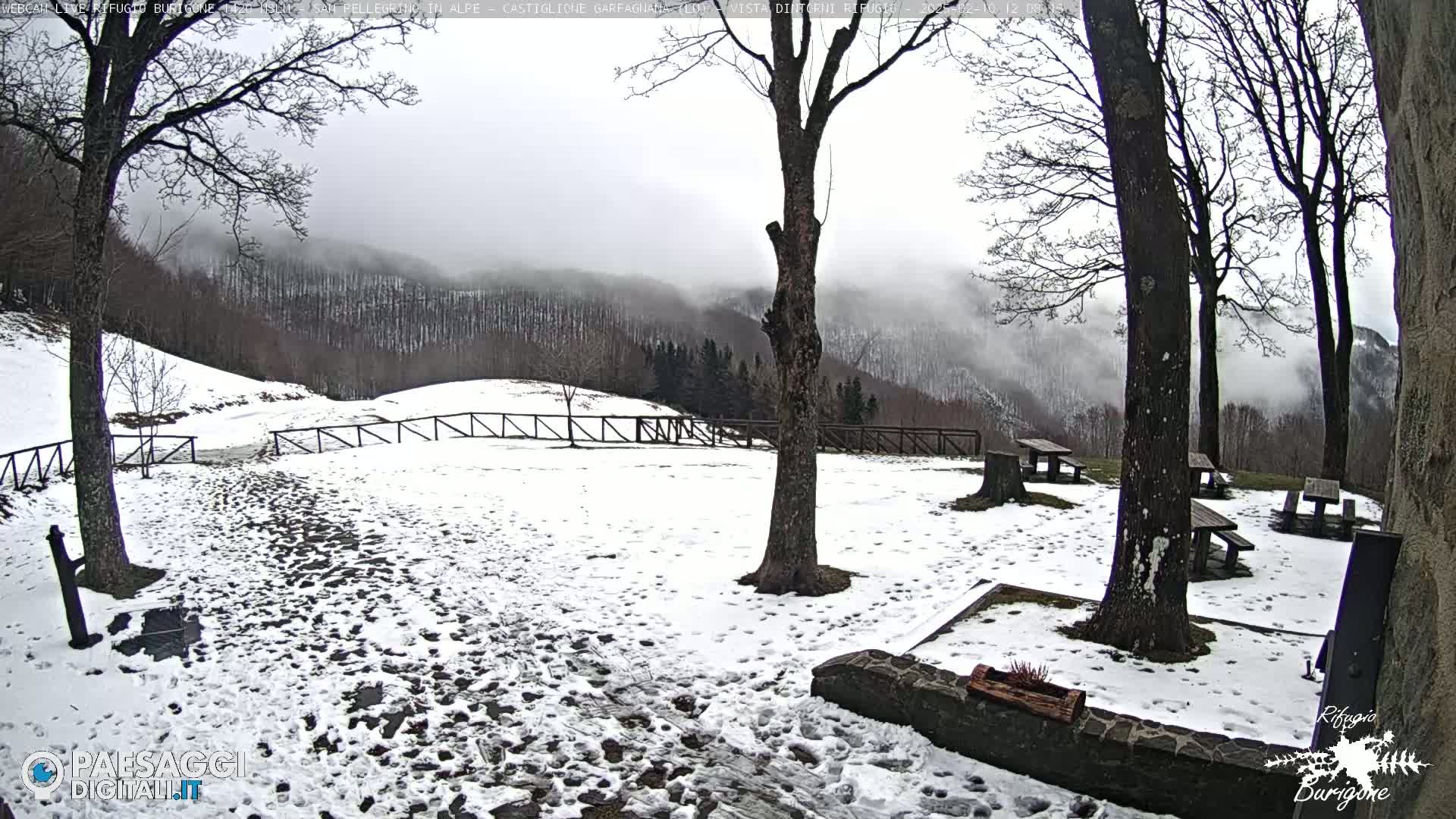 A snow-covered area with several picnic tables and trees, overlooking a misty mountain range.