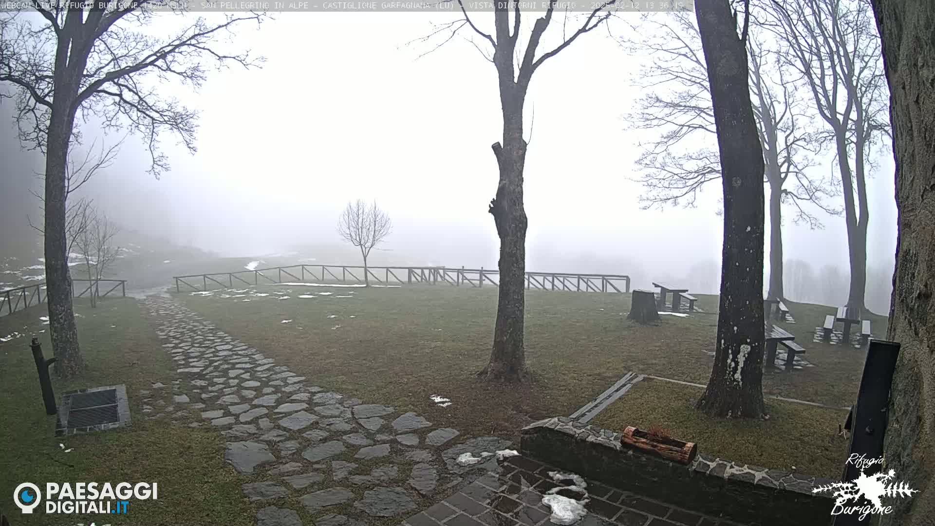 A stone path leads through a foggy, grassy area with bare trees, picnic tables, and patches of snow.