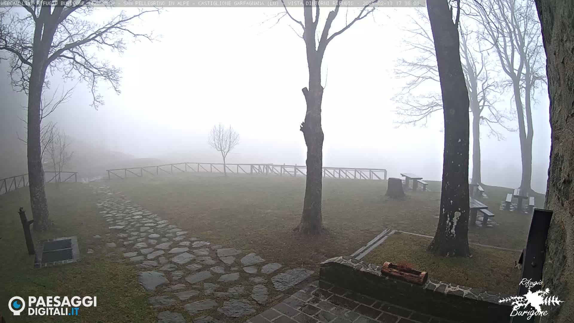 A stone path leads through a foggy, grassy area with bare trees and several picnic tables.
