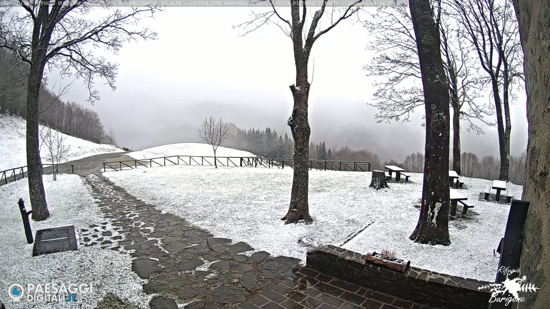 A snow-covered stone path leads to a wooden fence overlooking a foggy valley, with several picnic tables scattered across the snowy ground.