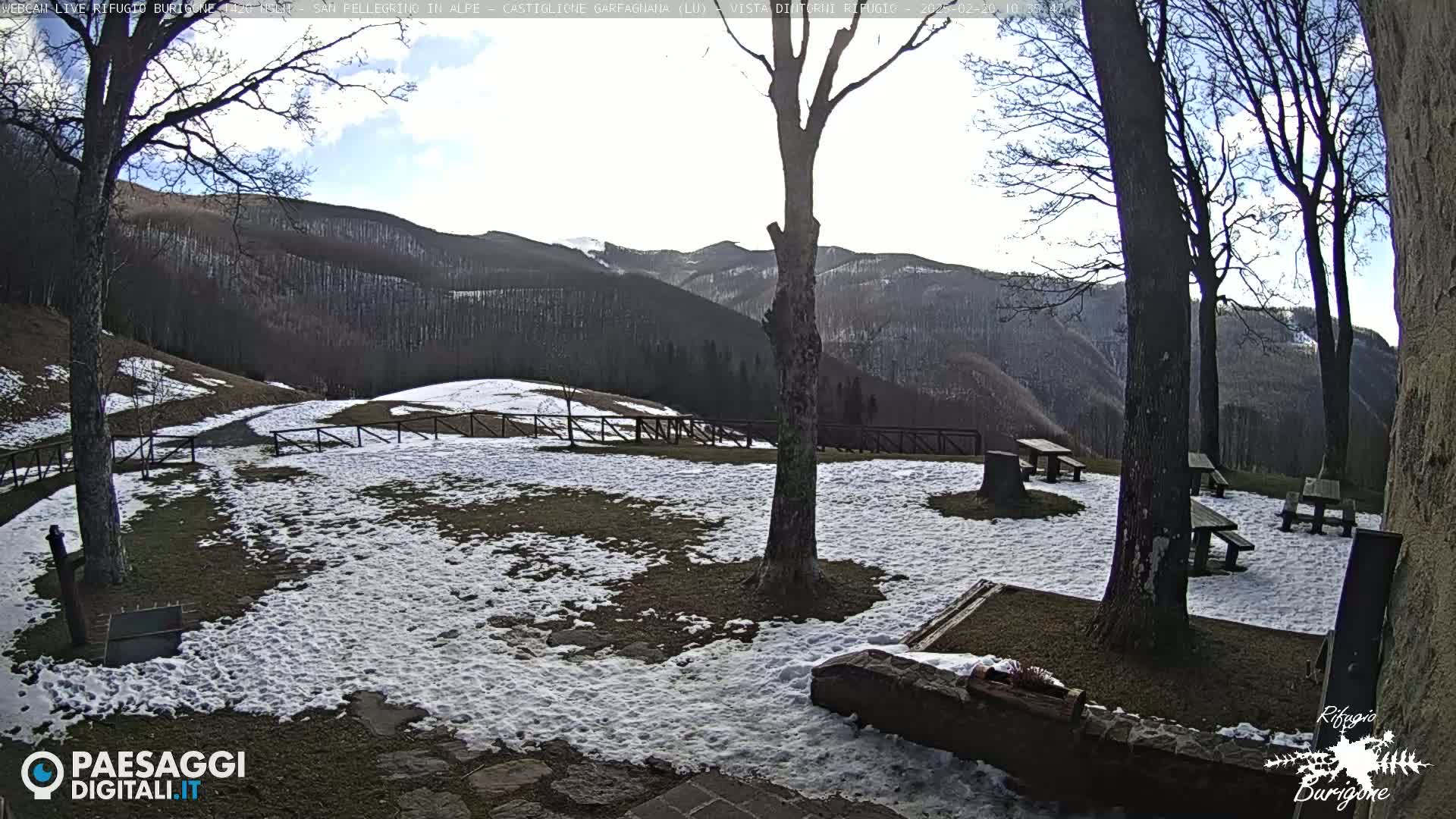 A partially snow-covered grassy area with picnic tables and trees, overlooking a mountain range under a partly sunny sky.