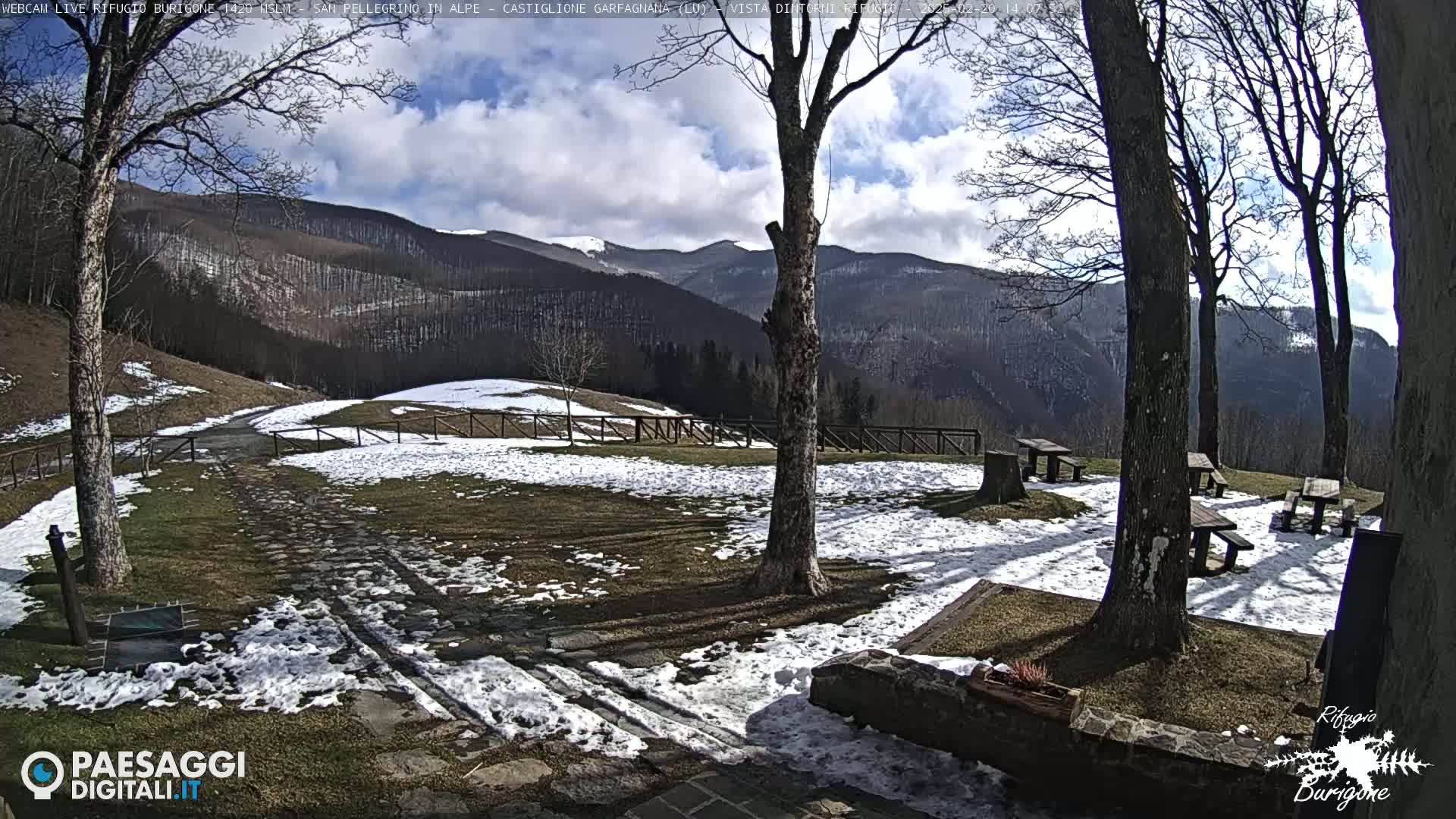 A partly sunny day with patches of snow on the ground reveals a mountain vista, several picnic tables, and trees surrounding a grassy area with a pathway.