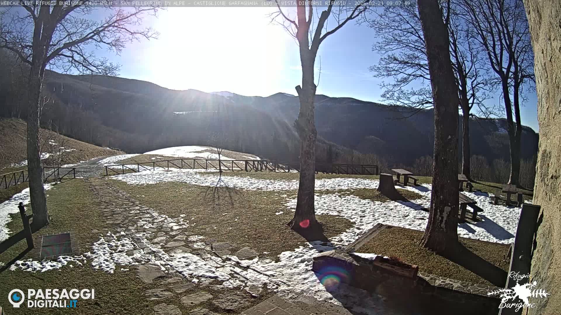 A sunny, snow-dusted grassy area with several picnic tables sits before a mountain range under a clear blue sky.