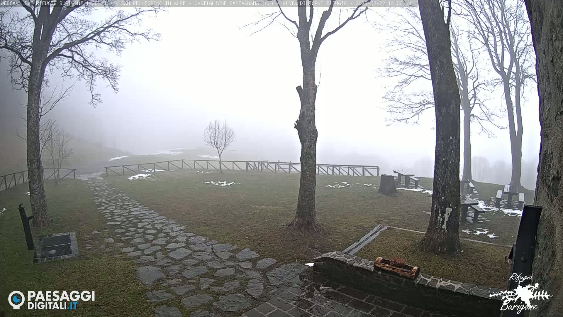 A stone path leads through a foggy, grassy area with bare trees, wooden picnic tables, and a low stone wall.