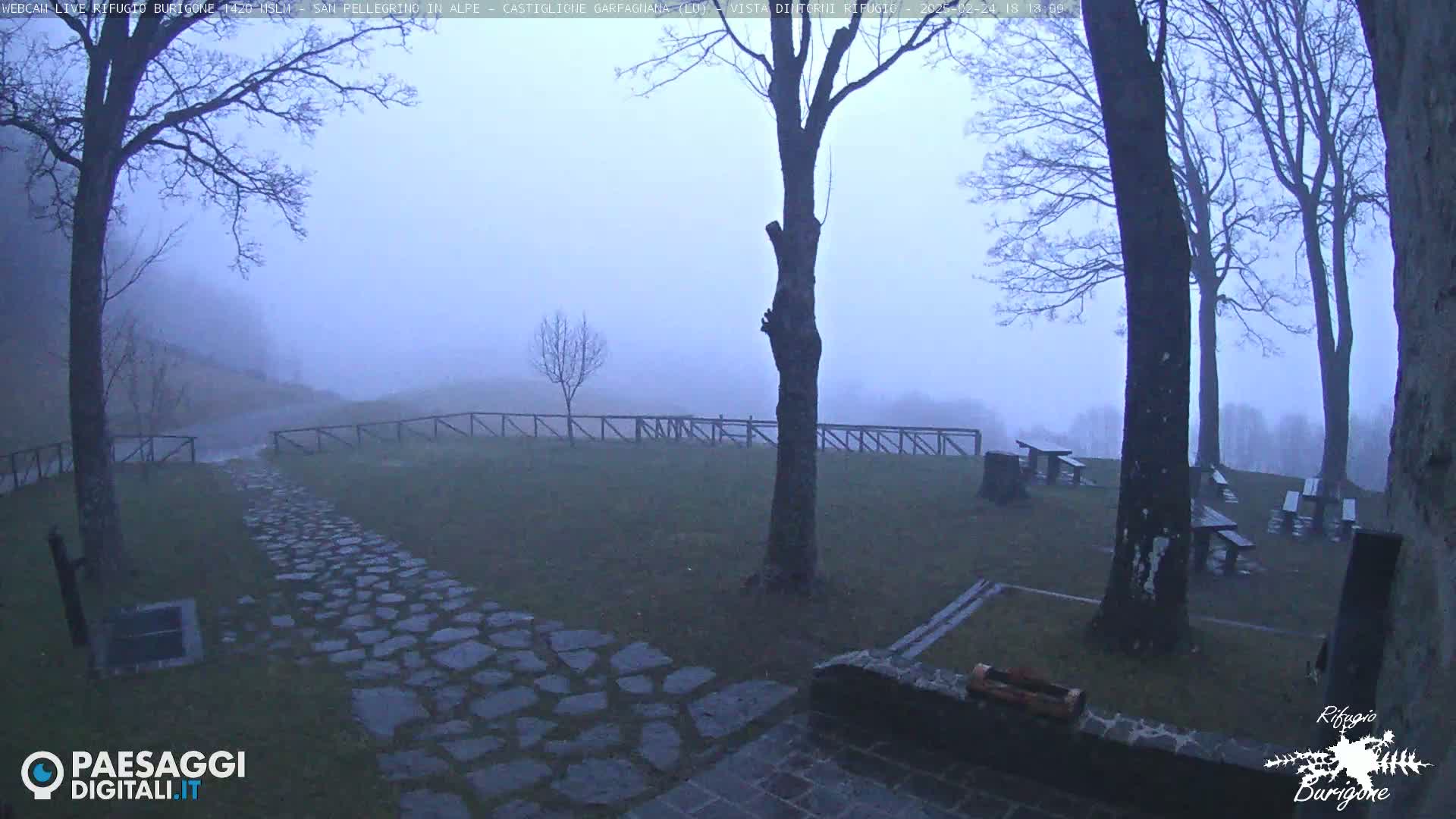 A stone path leads to several picnic tables situated in a foggy, outdoor area with bare trees and a wooden fence.