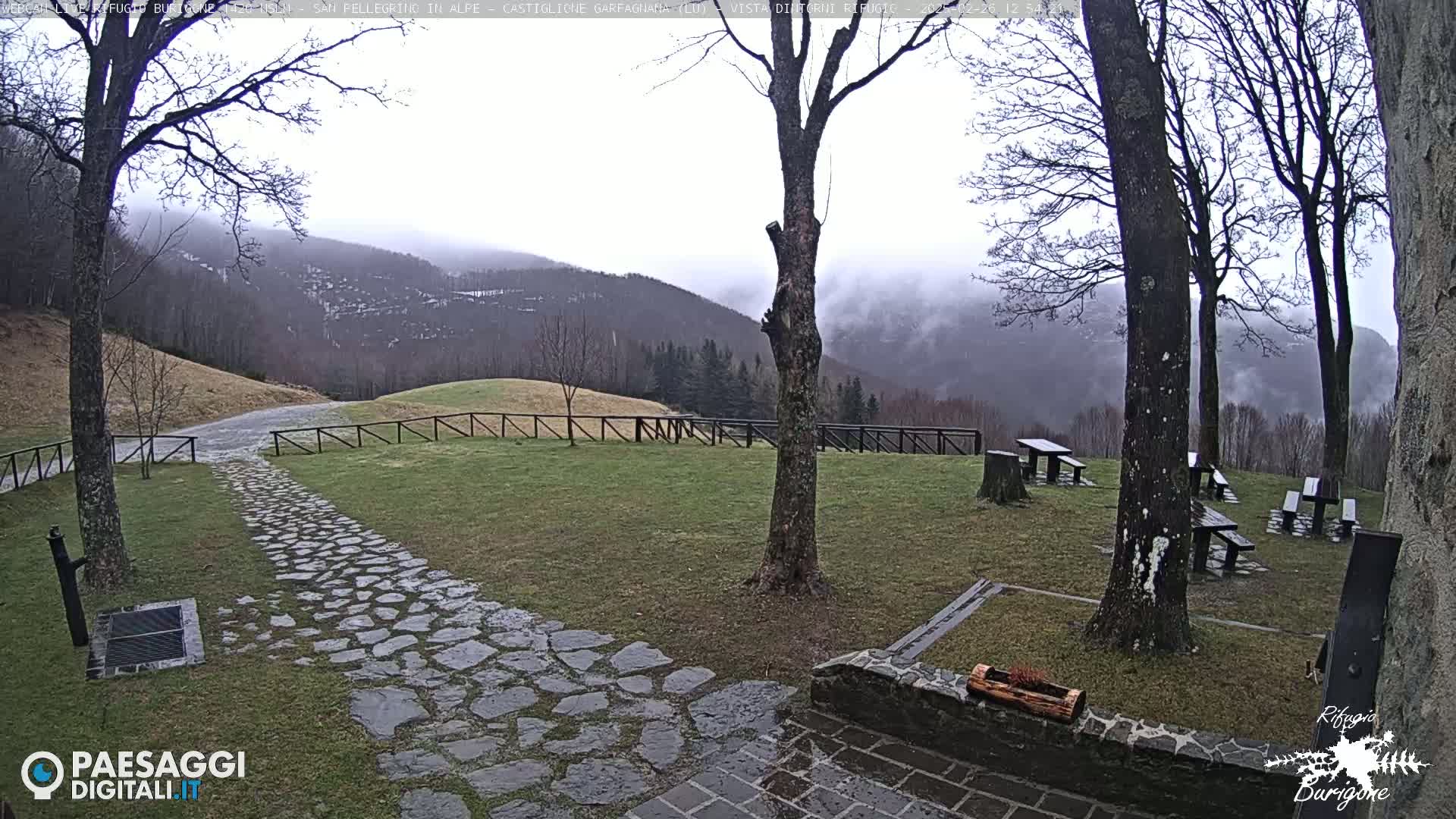 A stone path leads to picnic tables in a grassy area overlooking a misty mountain range on an overcast day.