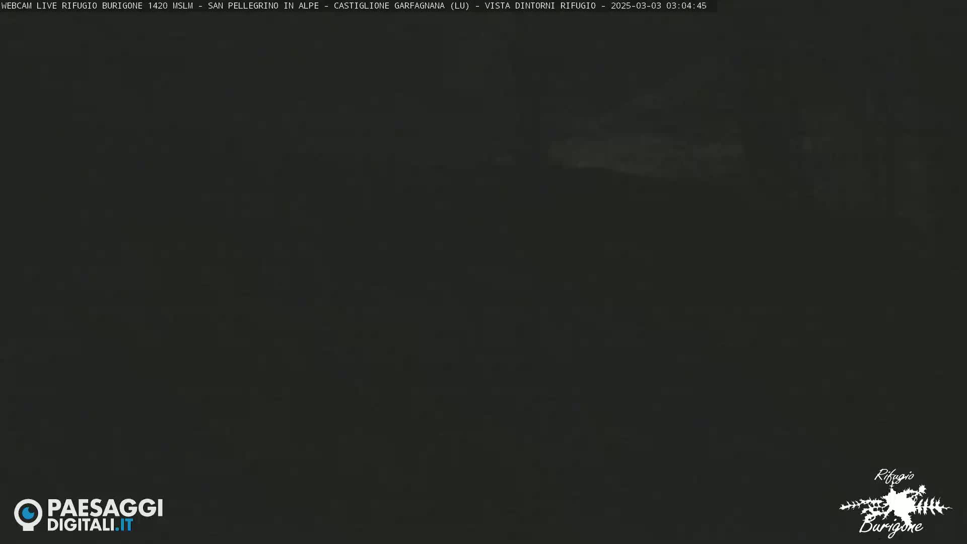 A dark, nighttime view of a mostly obscured landscape.