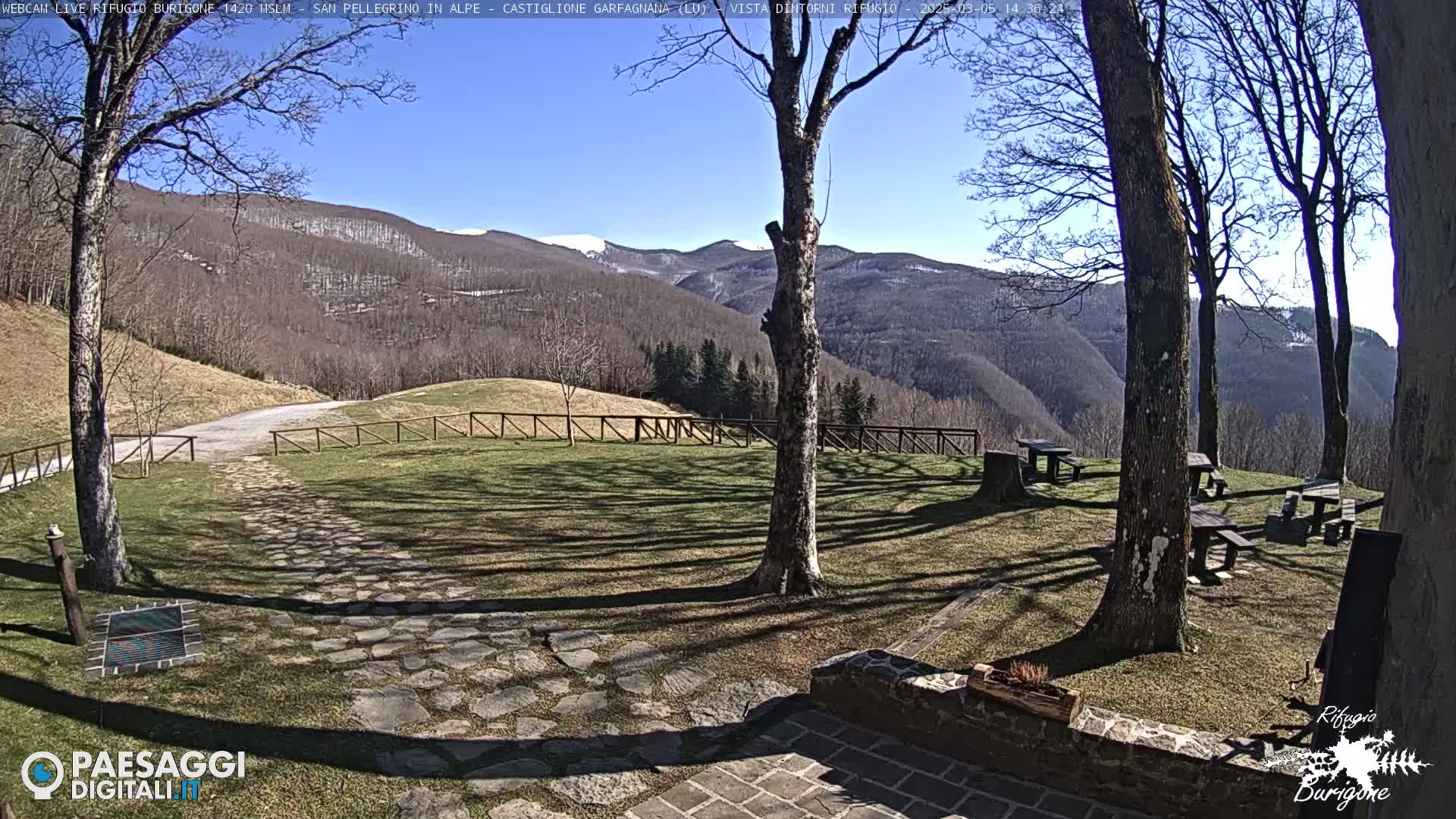 A sunny, outdoor scene shows a stone path leading to picnic tables situated on a grassy area overlooking a snow-dusted mountain range under a clear blue sky.