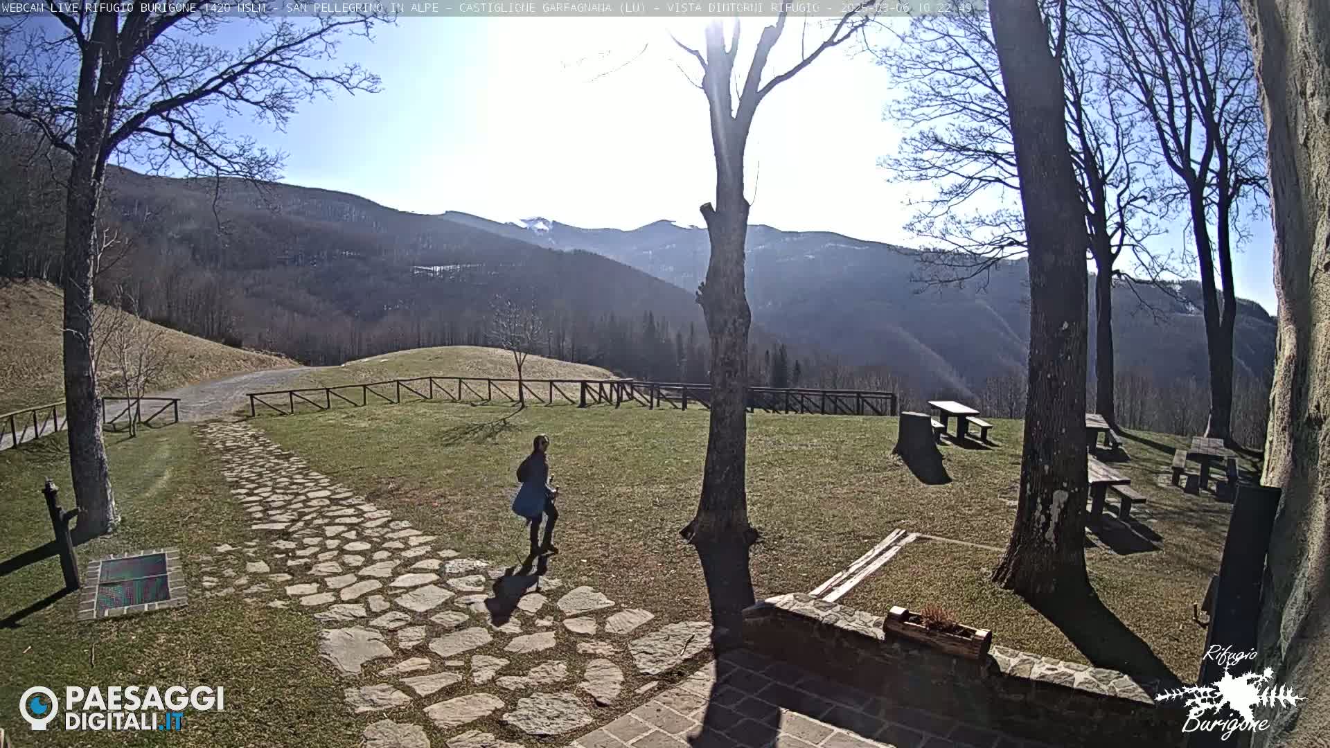 A person walks on a stone path toward a grassy area with picnic tables and trees, all overlooking a mountain range under a sunny sky.