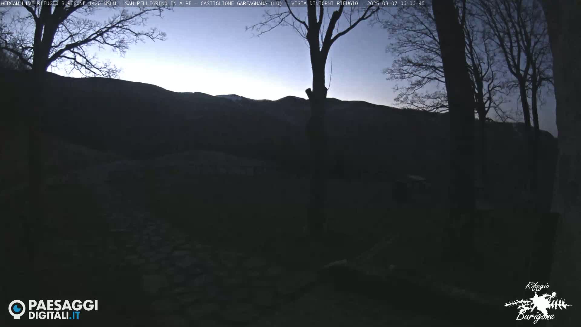 A dark, pre-dawn view of a mountainous landscape, silhouetted against a pale blue sky, with bare trees in the foreground.