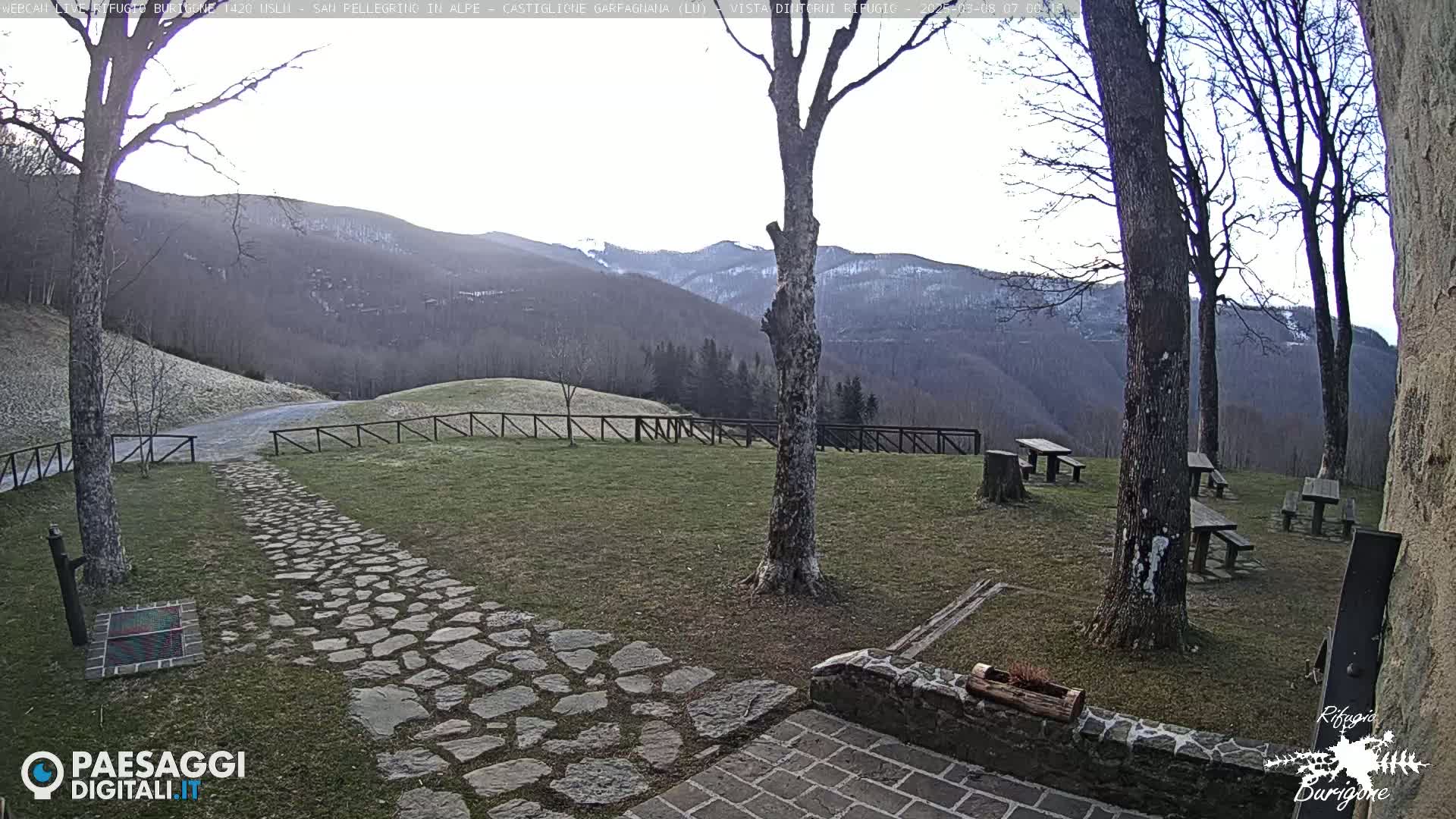 A stone path leads to picnic tables situated on a grassy area overlooking a snow-dusted mountain range under a mostly clear sky.