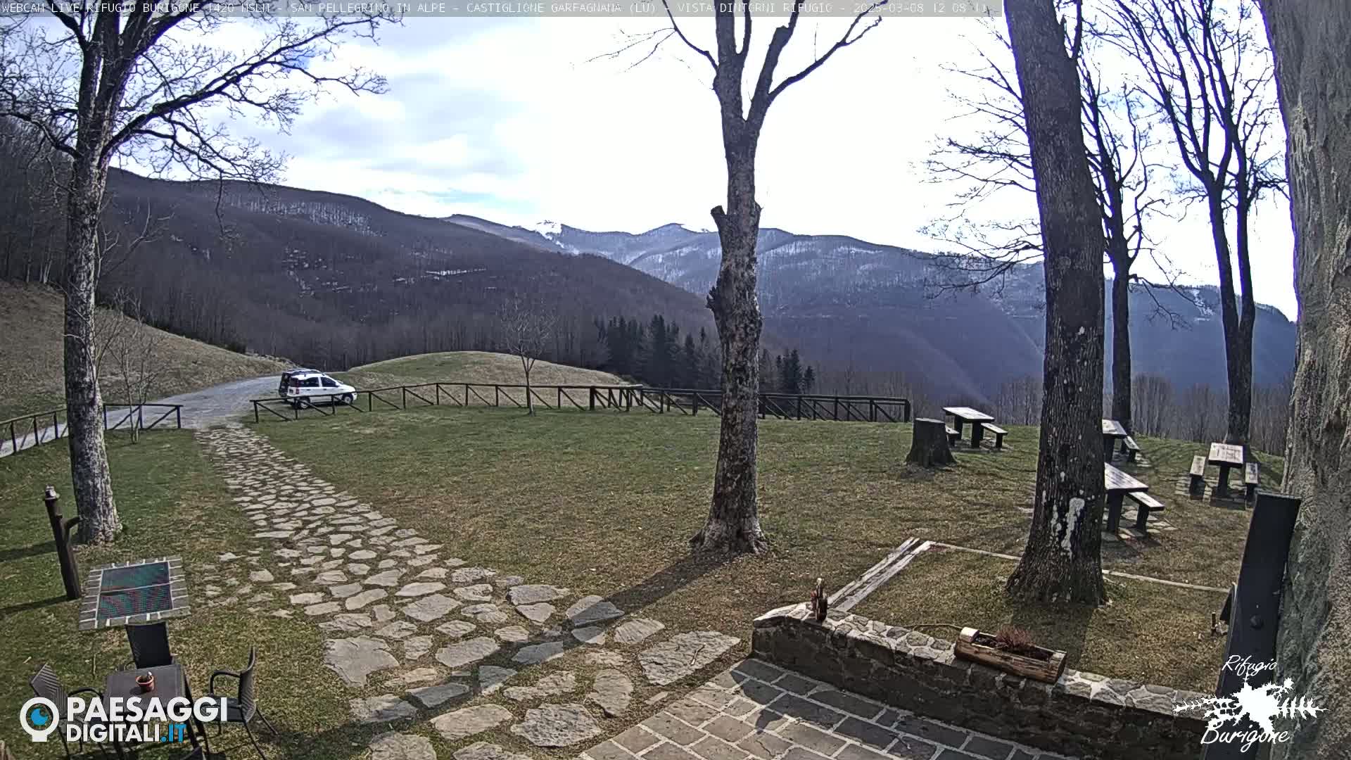 A stone pathway leads to a grassy area with picnic tables and a car parked nearby, all overlooking a mountain range with some snow under a partly cloudy sky.