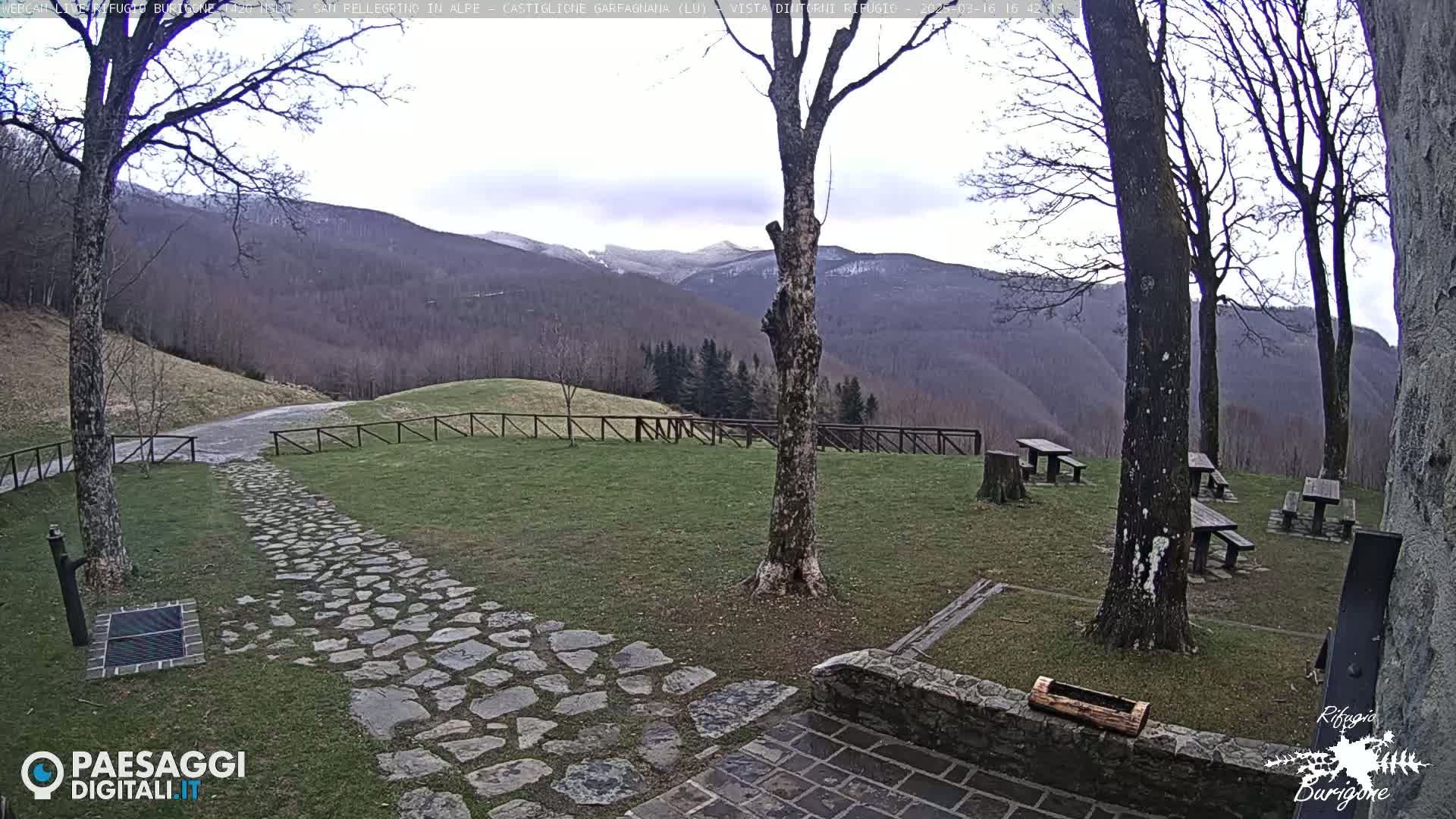 A stone path leads to a grassy area with several picnic tables under bare trees, overlooking a mountain range with some snow on the peaks under an overcast sky.