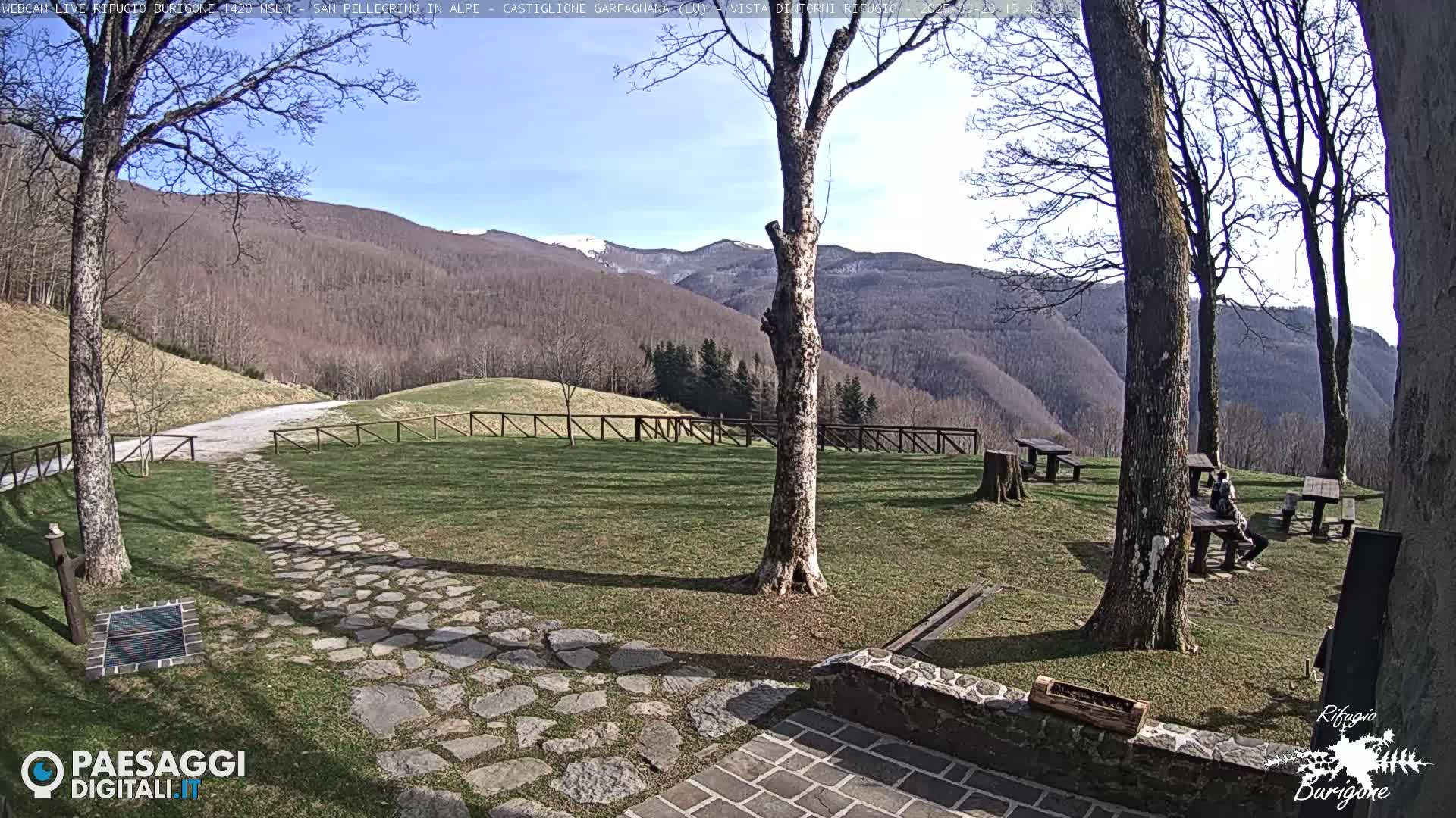 A grassy area with stone pathways and picnic tables sits beneath bare trees, overlooking a mountain range with patches of snow under a clear blue sky.