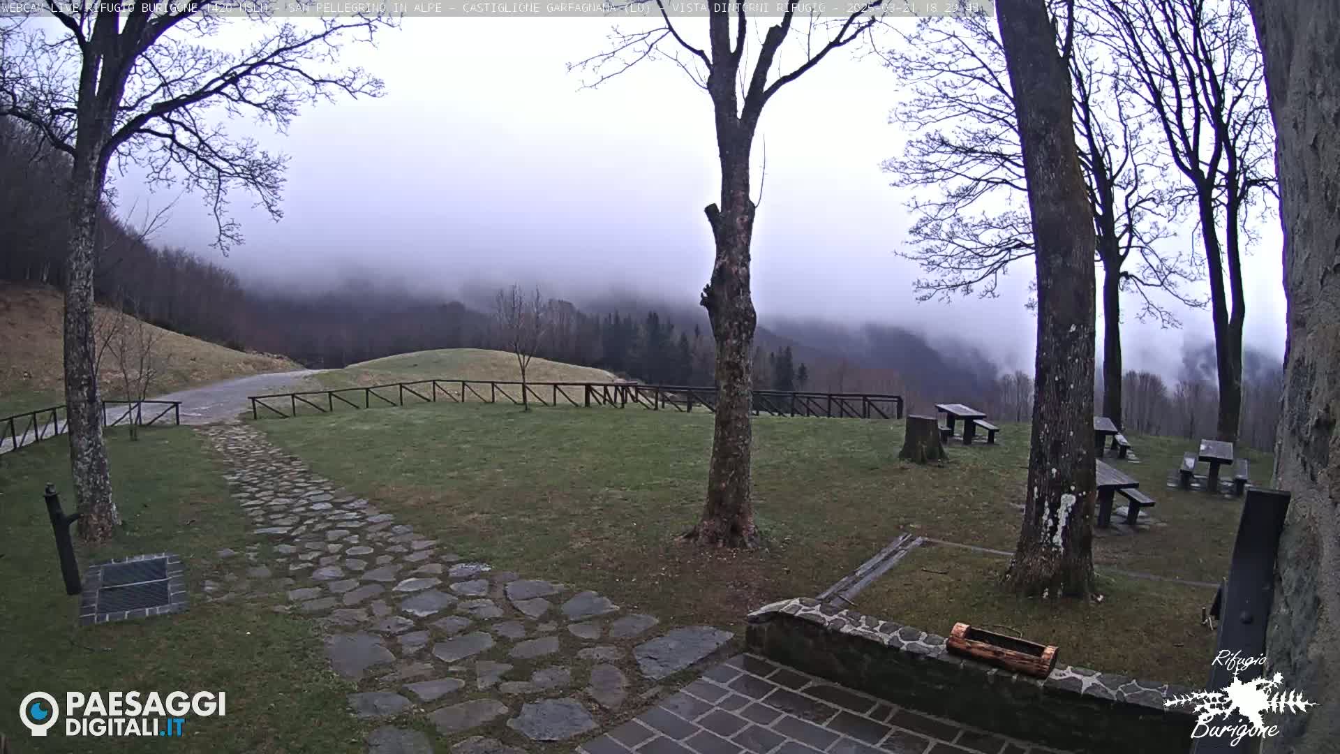 A stone path leads to several picnic tables situated in a grassy area, with bare trees and a misty mountain range in the background.
