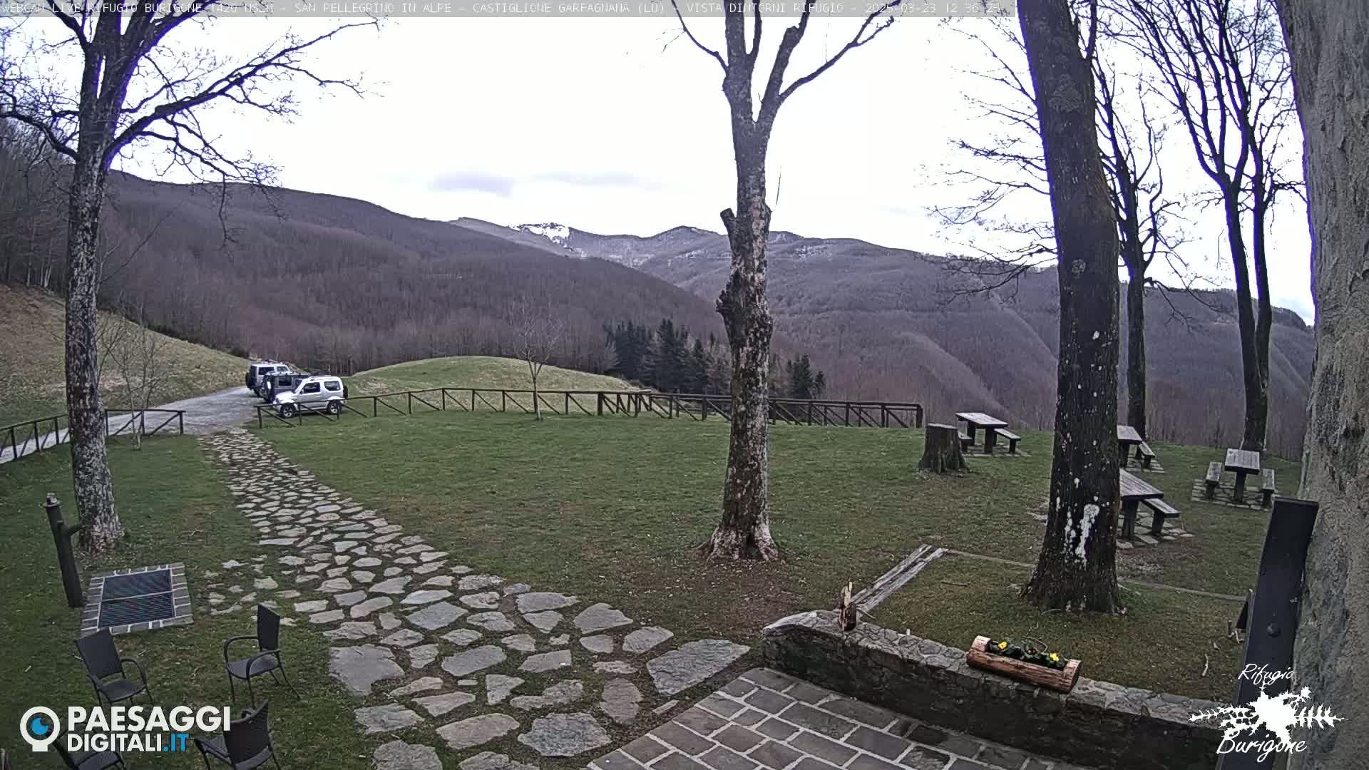 A stone pathway leads to a grassy area with several picnic tables and a few parked cars, all overlooking a mountain range under an overcast sky.