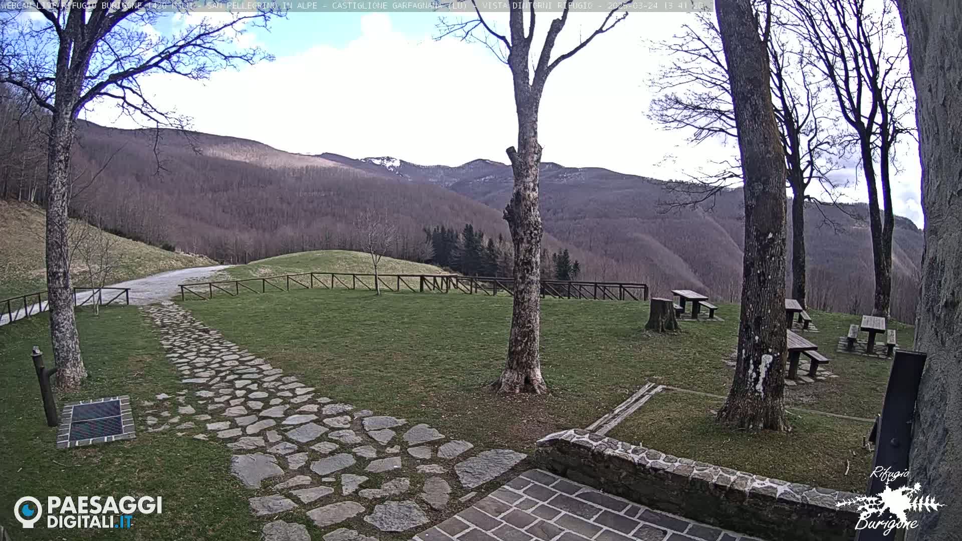 A stone path leads to picnic tables situated on a grassy area overlooking a mountain range under a partly cloudy sky.