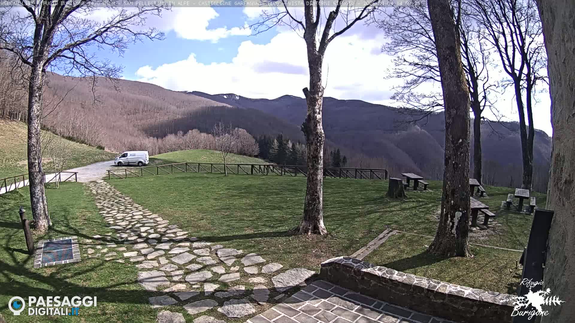 A stone pathway leads to a grassy area with picnic tables and a van, all set against a backdrop of mountains under a partly cloudy sky.