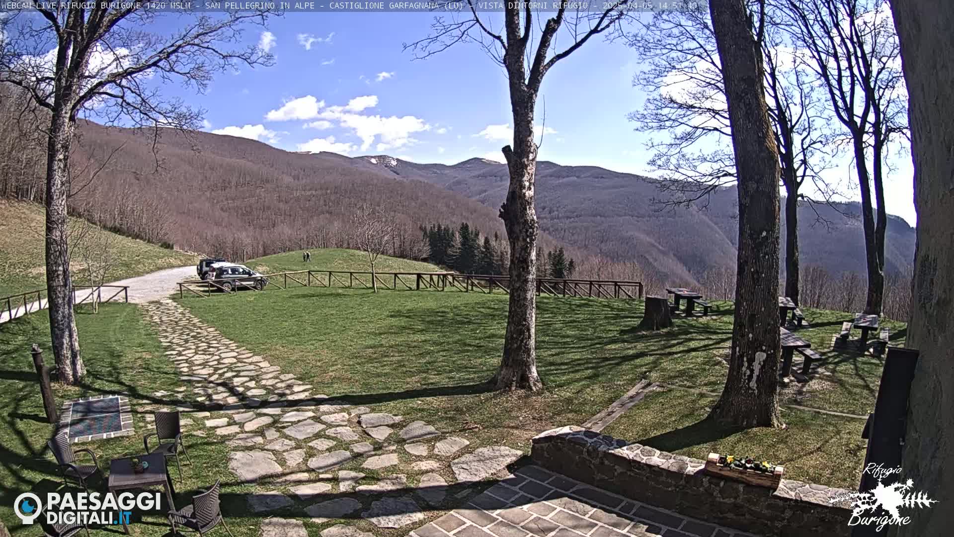 A stone path leads to a grassy area with picnic tables and a parked car, all set against a backdrop of a mountain range under a mostly sunny sky.