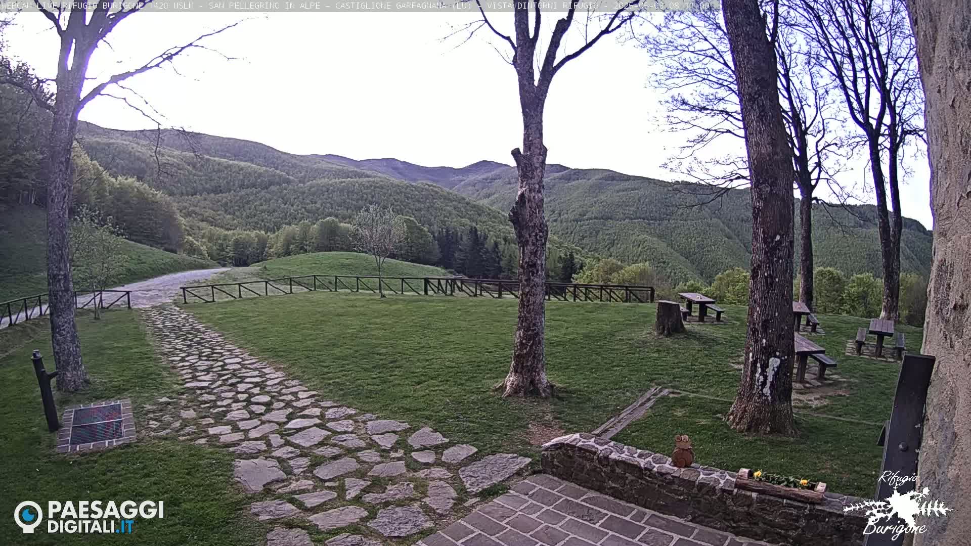 A stone path leads to several picnic tables situated on a grassy area overlooking a mountain range under a mostly clear sky.