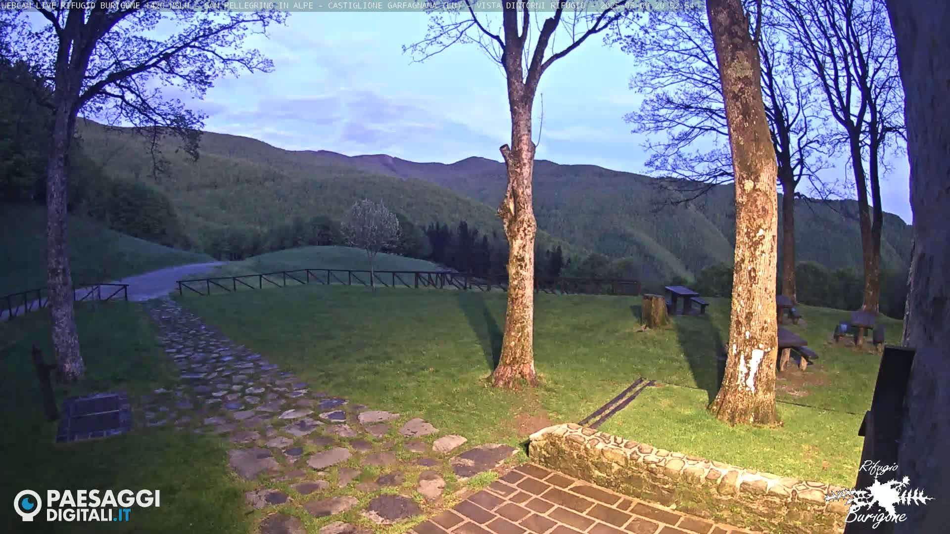 A stone path leads to a grassy area with picnic tables and several trees under a twilight sky.