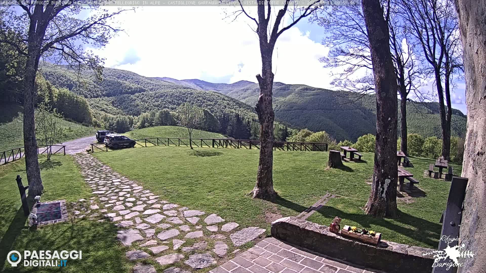 A stone path leads to a grassy area with picnic tables and two parked cars, all set against a backdrop of rolling green hills under a partly sunny sky.