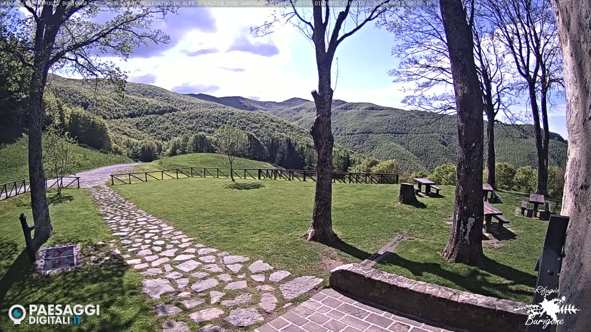 A stone path leads to picnic tables in a grassy area, with a view of rolling green hills under a partly sunny sky.