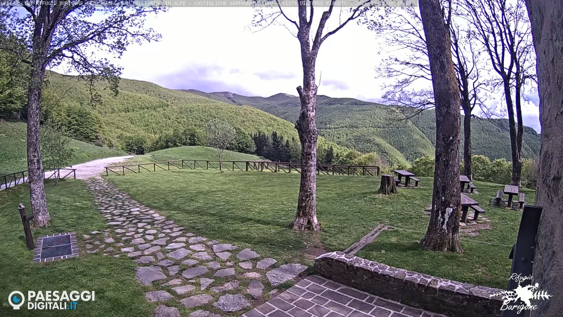 A stone path leads to picnic tables situated on a grassy area, surrounded by trees and a background of rolling green hills under a partly cloudy sky.