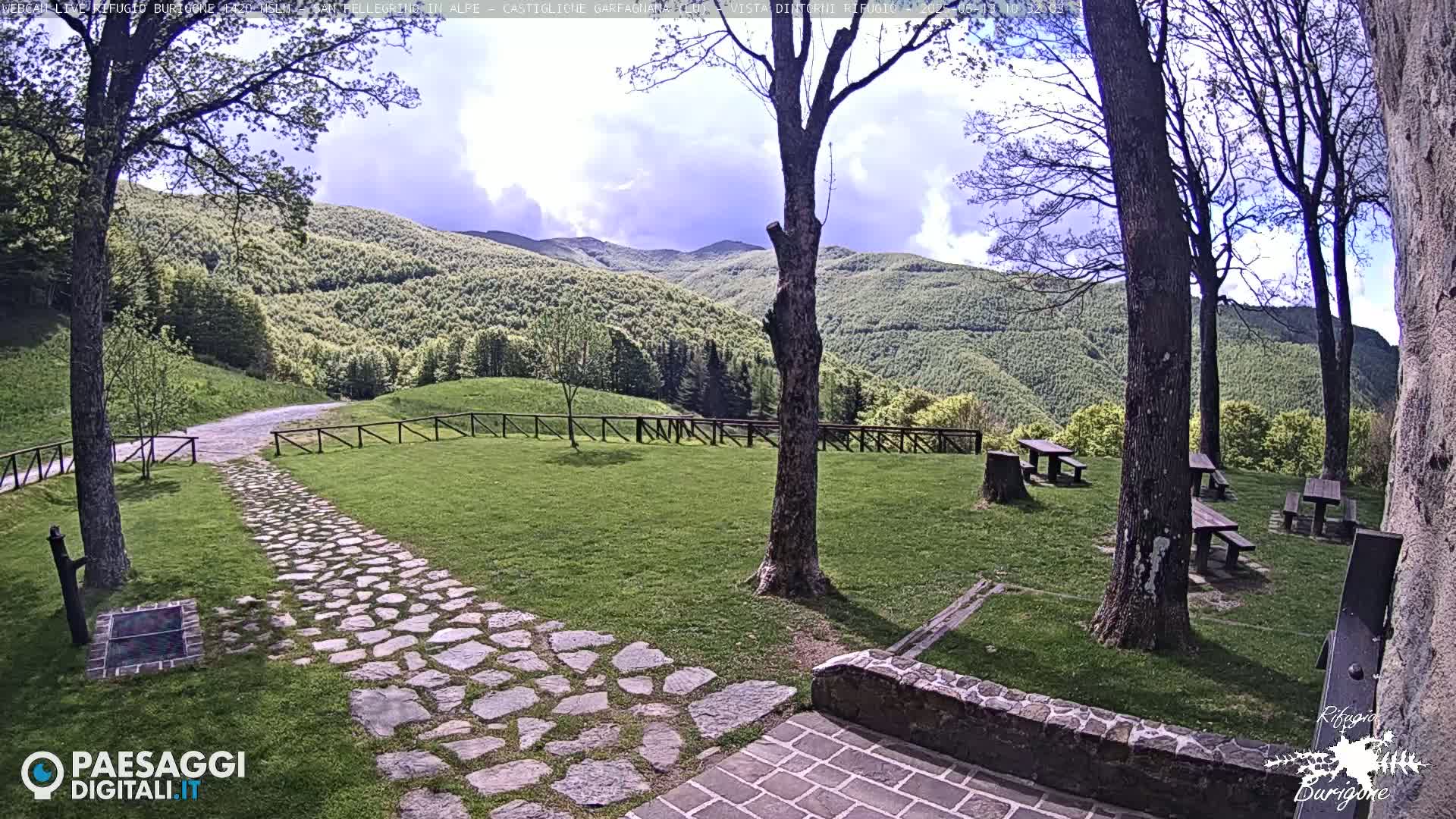 A stone path leads to a grassy area with picnic tables, surrounded by trees and overlooking a mountain range under partly cloudy skies.